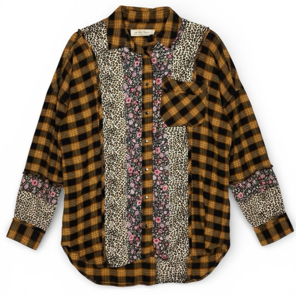 Free People We The Free Mixed Patchwork Plaid Floral Leopard Shirt XS